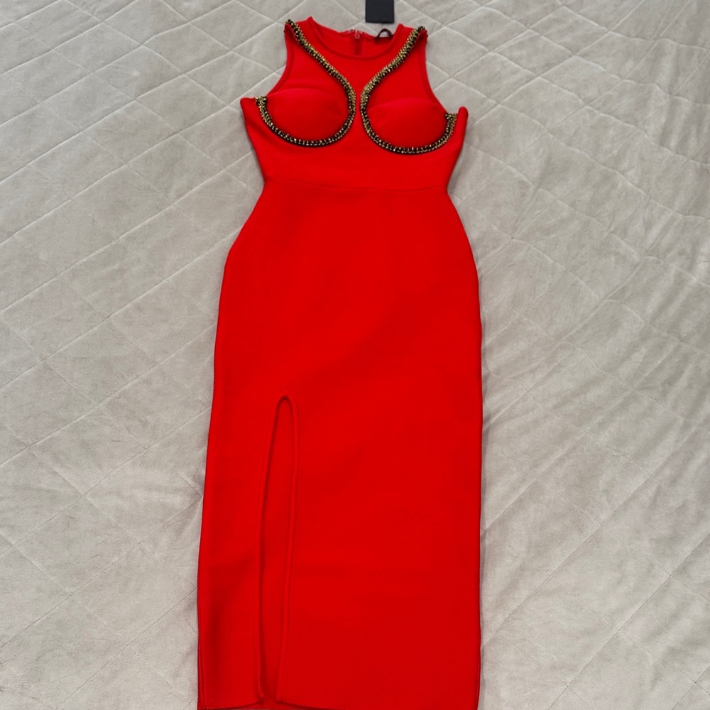Chic Red Embellished Midi Dress